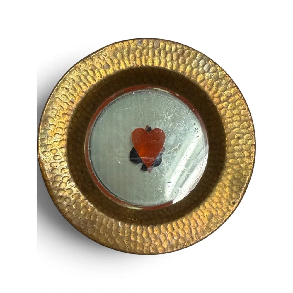 Vintage Playing Card Suit Coasters Set Hammered Brass Glass Gold Poker Game Room
